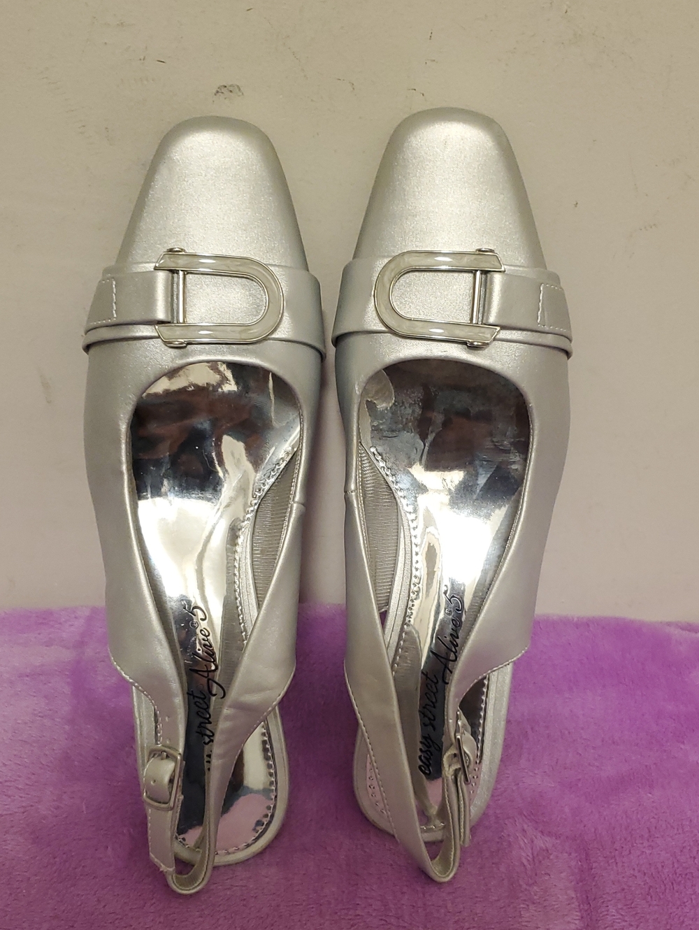Women's Silver Slingback Mules with Buckle Accent